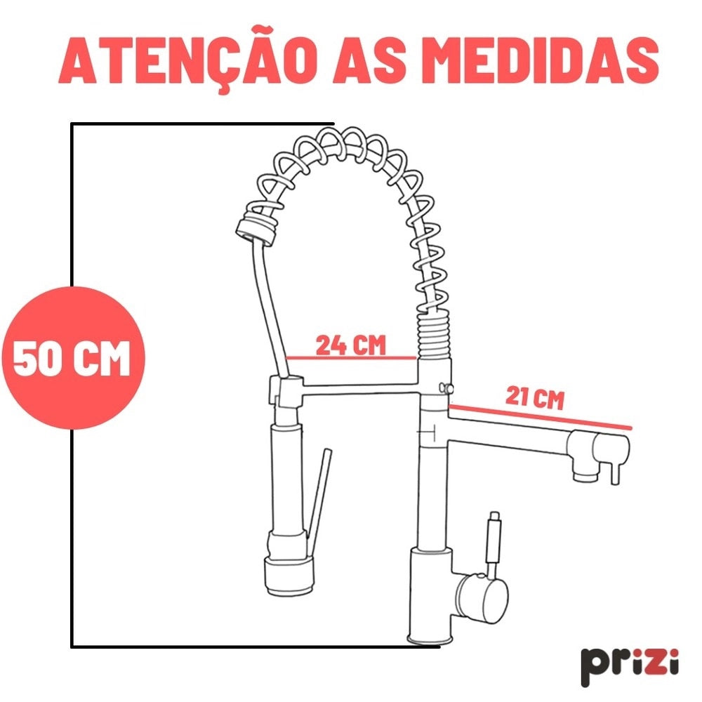 Torneira Gourmet Prizi Cheff Black 50cm, Bancada, com Spray, Monocomando