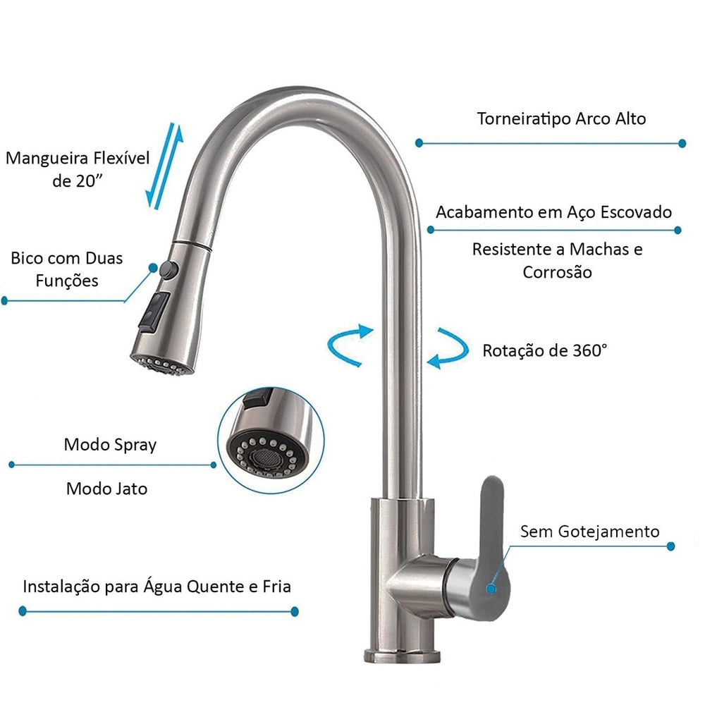 Torneira Pull Down de Pia Para Cozinha Gourmet Misturador Monocomando Giro 360º + Kit Instalação