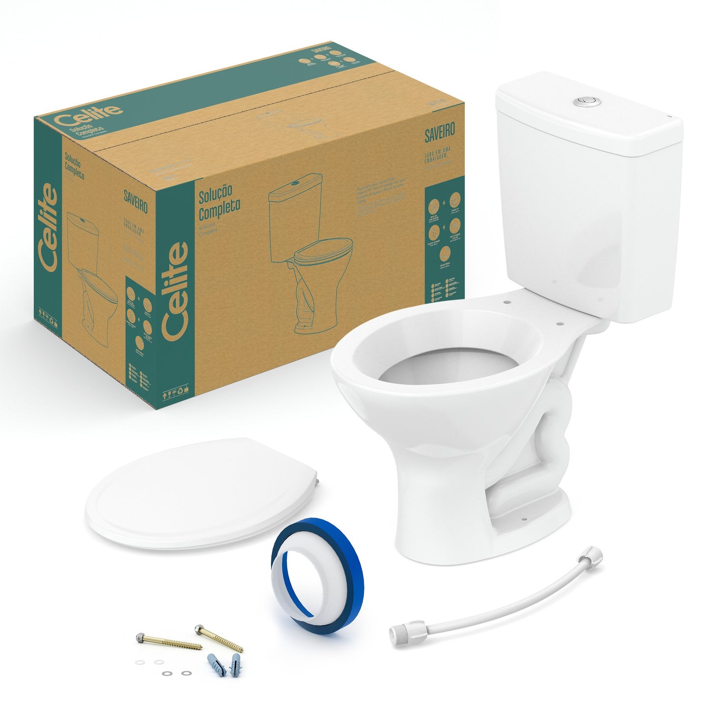 Kit Vaso Sanitário com Caixa Acoplada e Assento Branco Duplo Acionamento 3/6L Saída Vertical Saveiro Celite