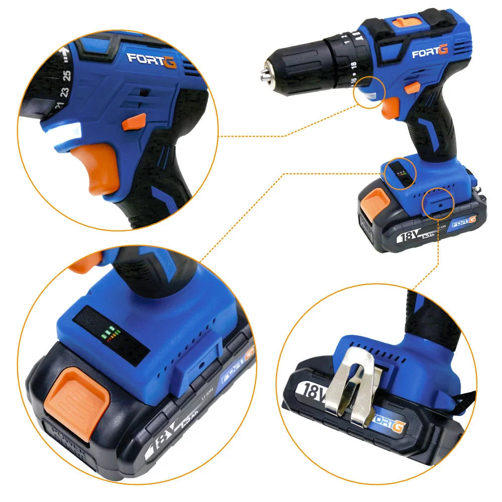 Furadeira/Parafusadeira Impacto Brushless à Bateria 18V Li-Ion 45Nm 1/2 Pol. com Carregador Bivolt e Bateria – FORTGPRO-FG3006
