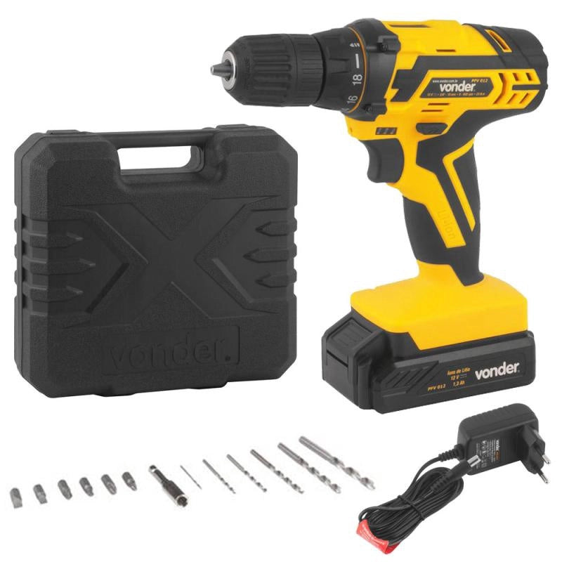 Furadeira e Parafusadeira à Bateria 12V bivolt pfv 012 com Kit de Brocas e Bits vonder