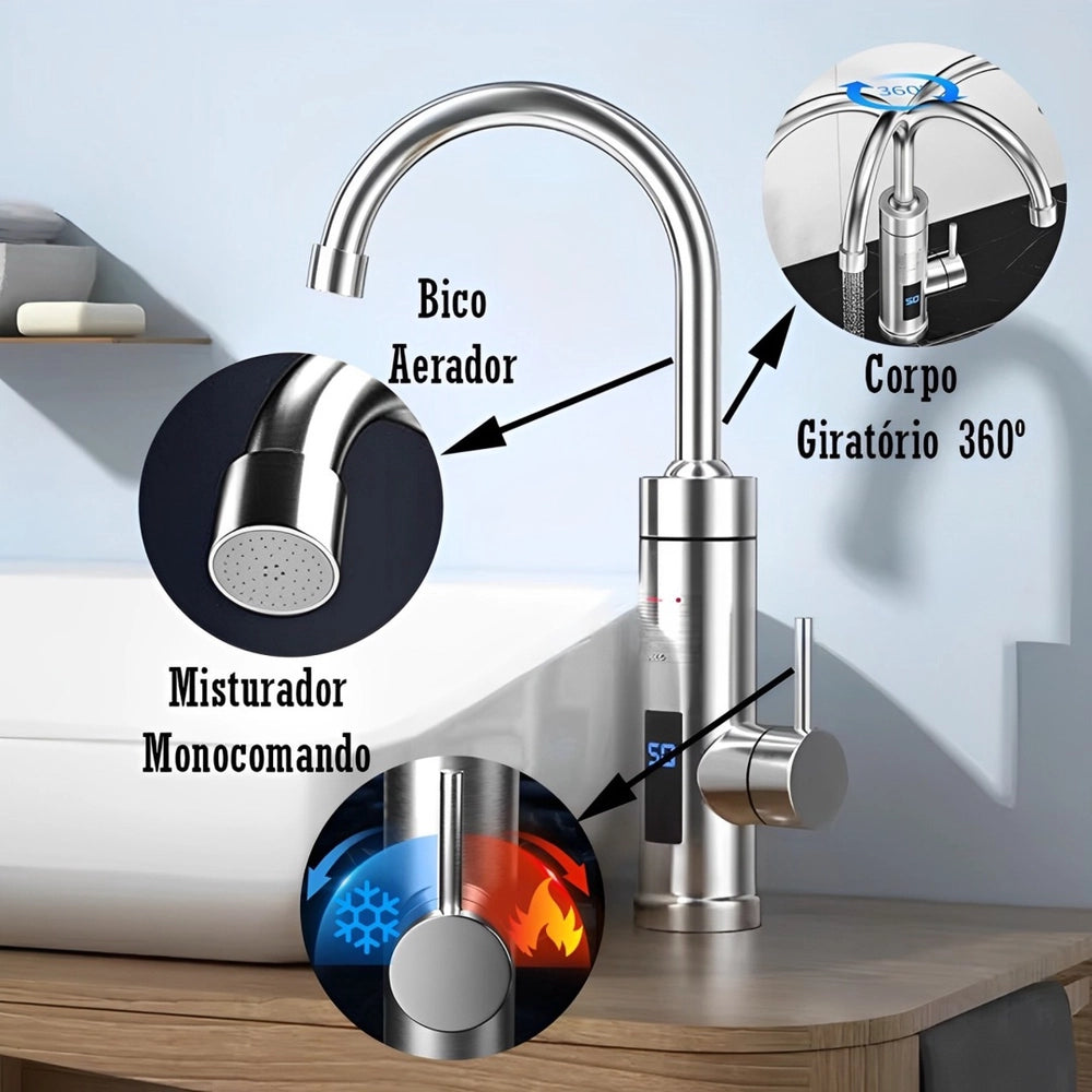 Torneira Monocomando Gourmet Cozinha Bancada Misturador Quente e Frio Elétrica 220v Prata Inox