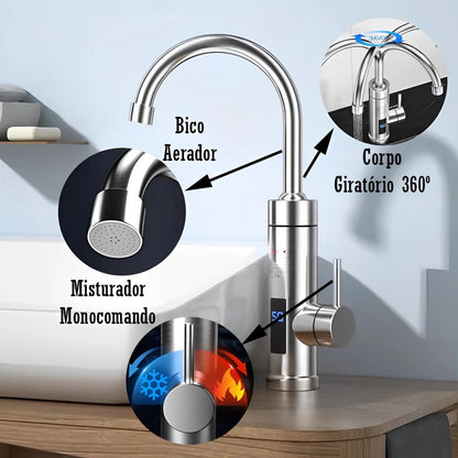Torneira Monocomando Gourmet Cozinha Bancada Misturador Quente e Frio Elétrica 220v Prata Inox