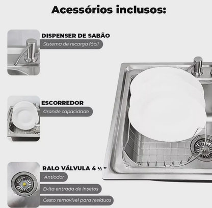 Cuba Cozinha Gourmet Luxo Aço Inox Acessorios Bancada Sifao Valvula Escorredor Copa Casa Lavanderia Restaurante